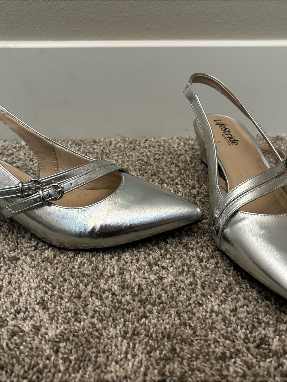 Life Stride Metallic Silver Pointed Slingback Pumps